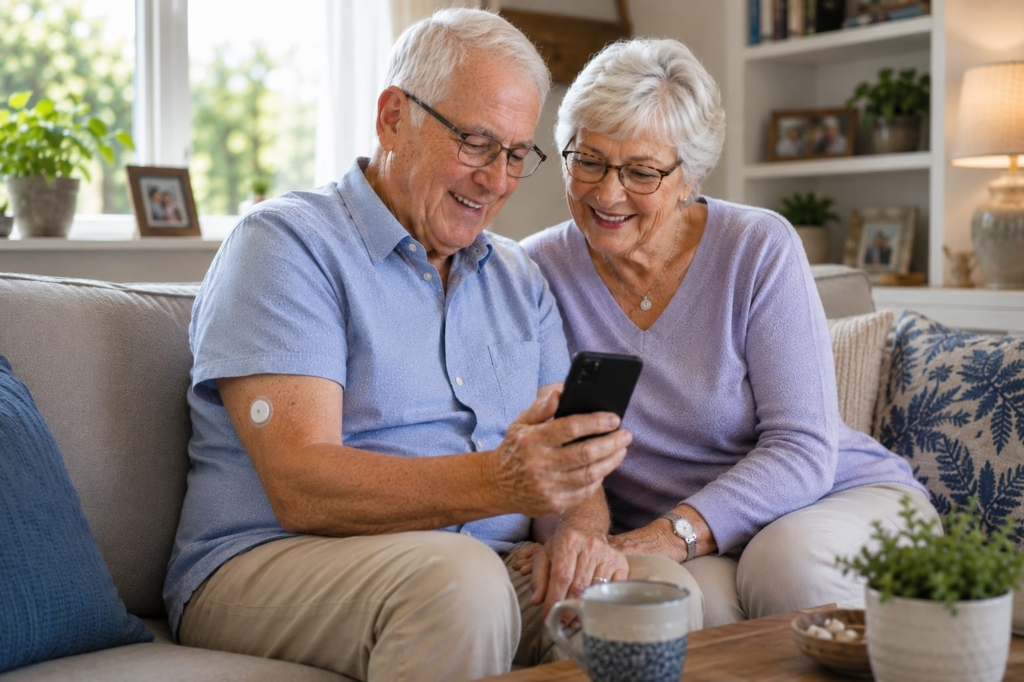 Older couple with GlucoSensor Q CGM Sensor